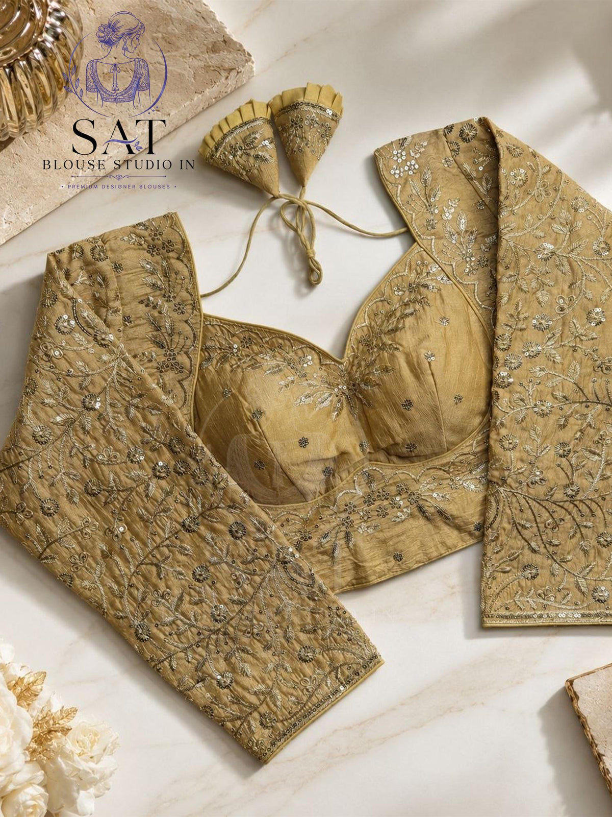 Gold Bridal Embroidered Silk Blouse, Heavy Zari Sequin Work Blouse, Wedding Saree Blouse, Padded Back Open Blouse, Party Wear