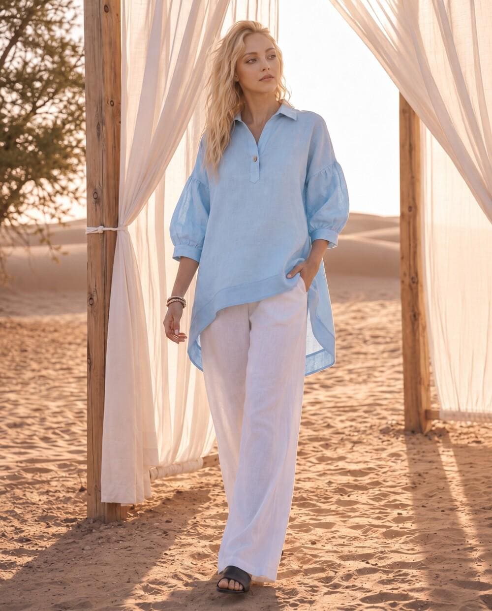 Oversized Linen Top, Women Linen Blouse, 3/4 Balloon Sleeve Shirt, Loose Fit Summer Top, Minimalist Casual Linen Shirt