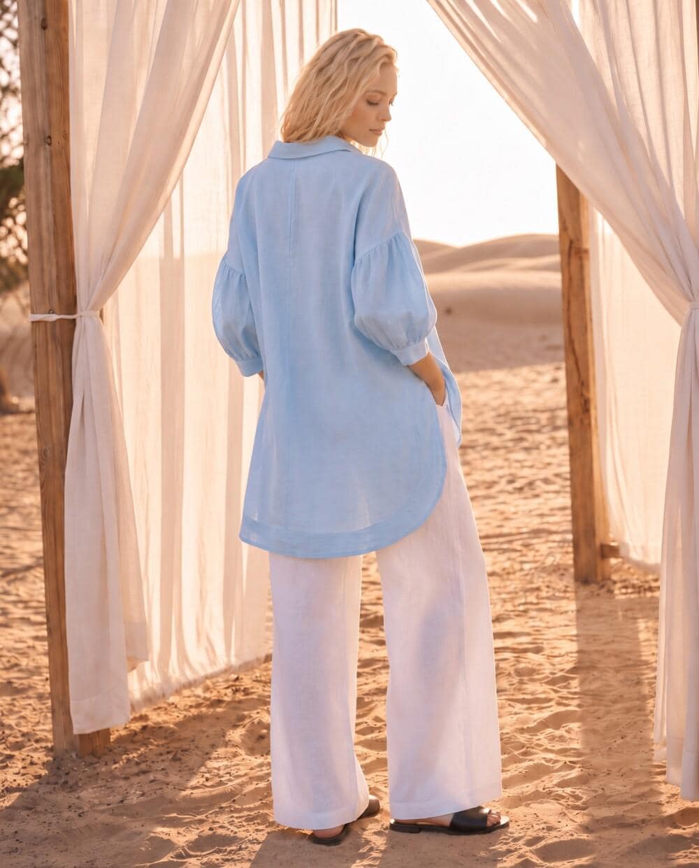 Oversized Linen Top, Women Linen Blouse, 3/4 Balloon Sleeve Shirt, Loose Fit Summer Top, Minimalist Casual Linen Shirt