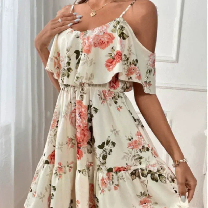 ⏰🎁Women's Boho Floral Print Cold Shoulder Dress