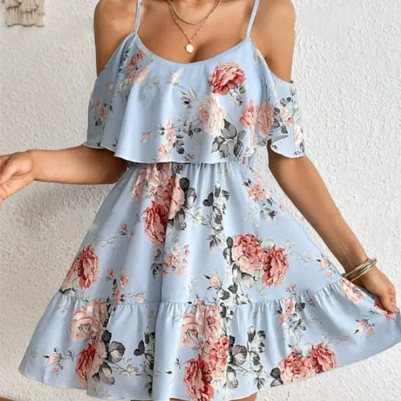 ⏰🎁Women's Boho Floral Print Cold Shoulder Dress
