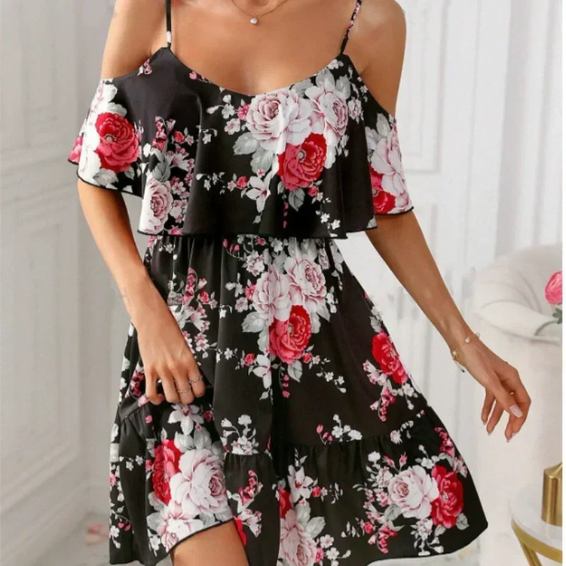 ⏰🎁Women's Boho Floral Print Cold Shoulder Dress