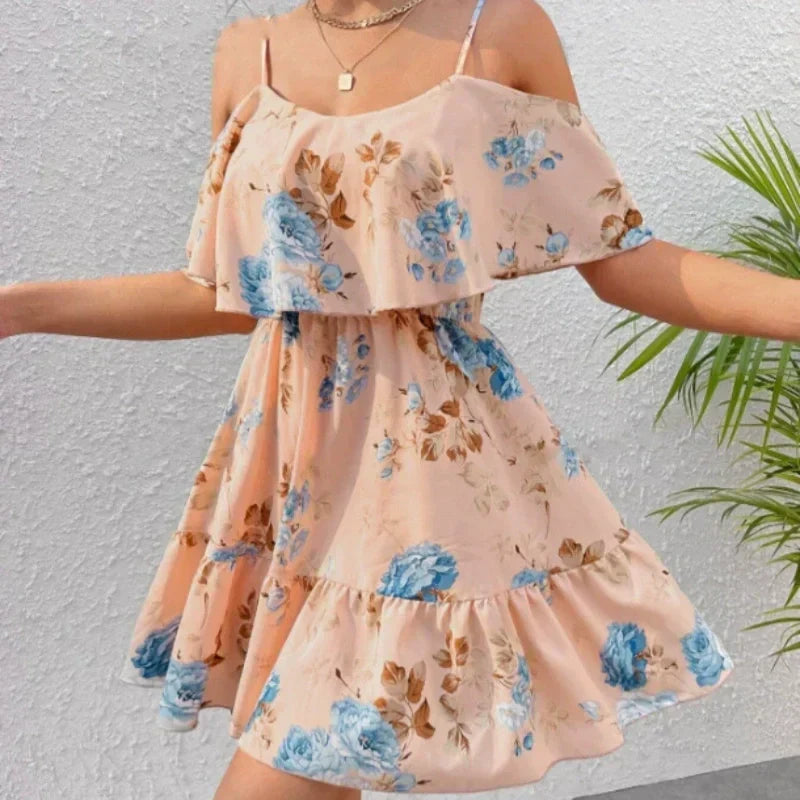 ⏰🎁Women's Boho Floral Print Cold Shoulder Dress